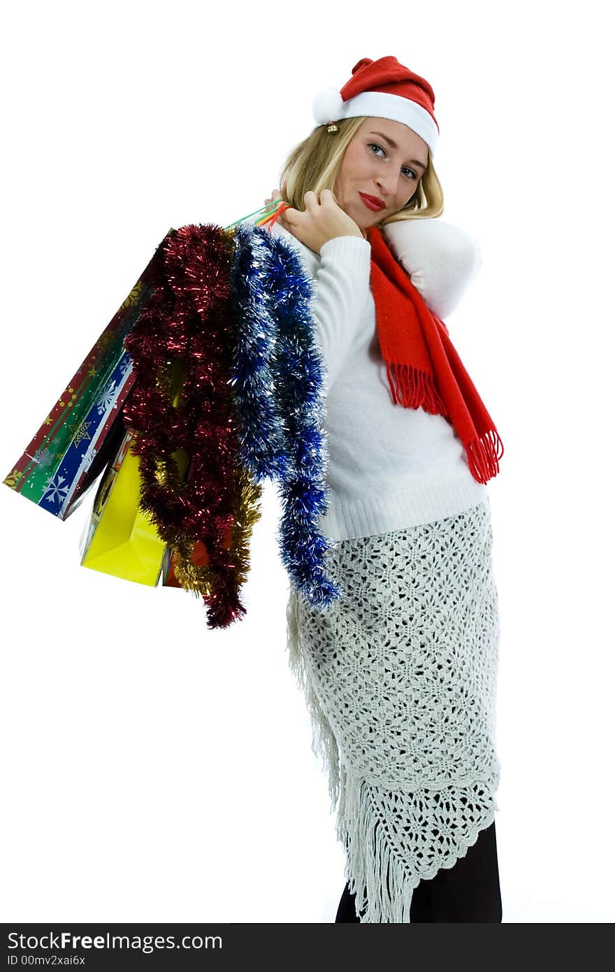 Beautiful woman with gift on white background