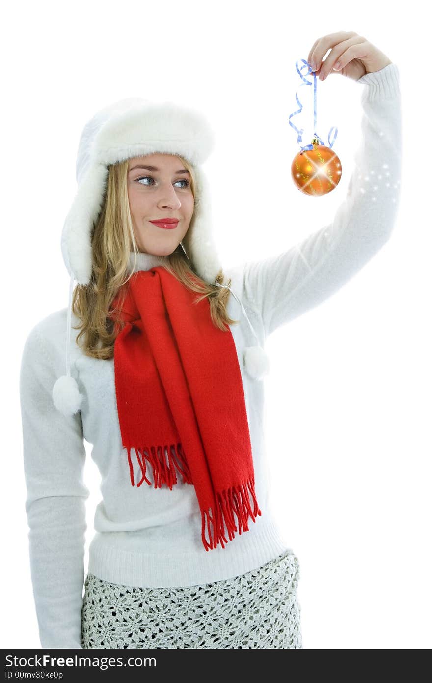 Beautiful woman with gift on white background