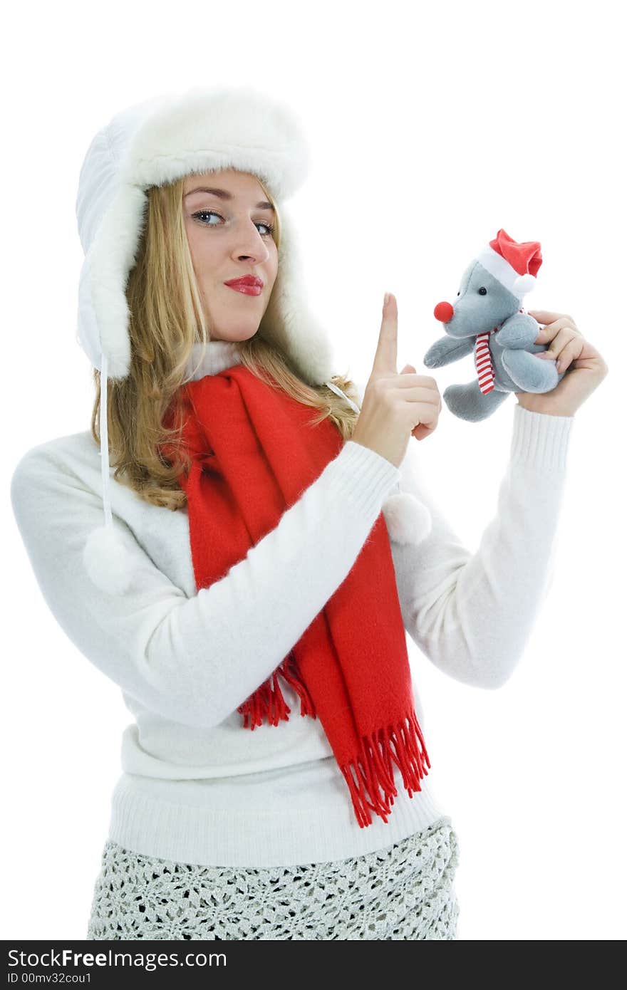 Beautiful woman with gift on white background