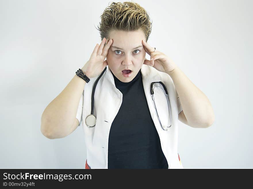 Woman with stethoscope with hands up. Woman with stethoscope with hands up