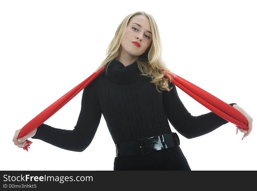 Beautiful woman with red scarf on white background