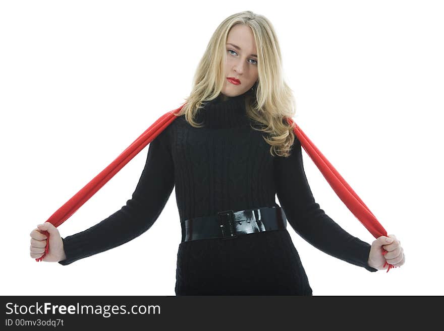 Beautiful woman with red scarf on white background