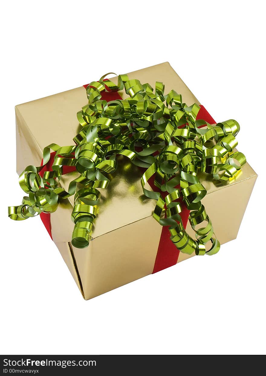 Christmas present wrapped with curly ribbon on top, isolated on white