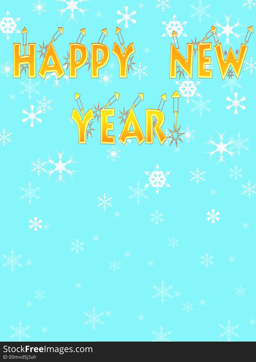 New Year's congratulatory background with an inscription and snowflakes. Blue color, a rocket.