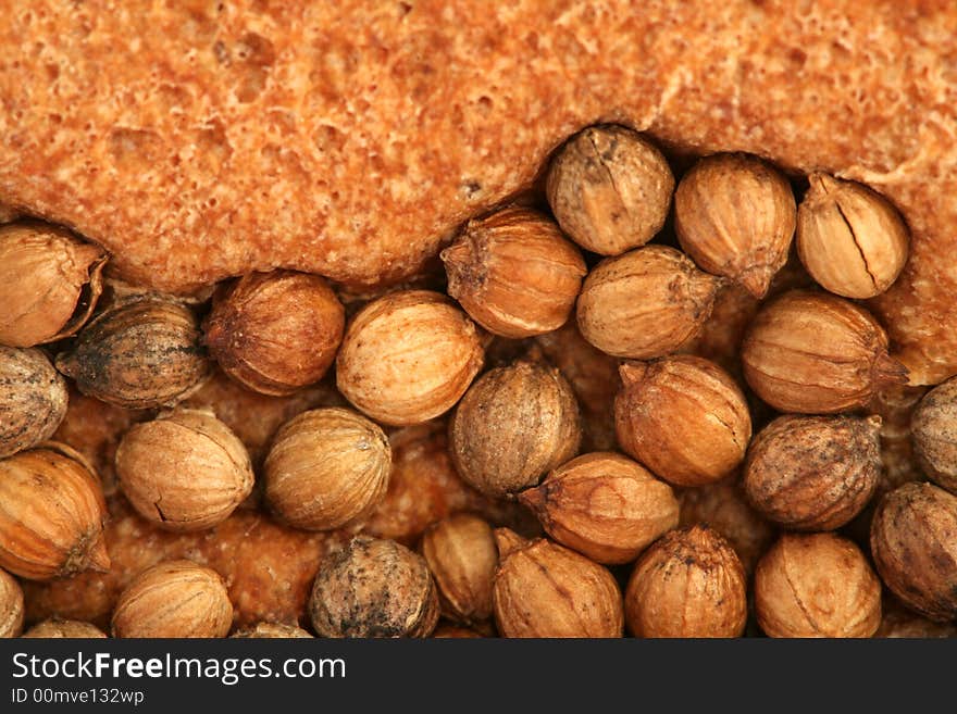 Crust of bread with seeds of a coriander, background