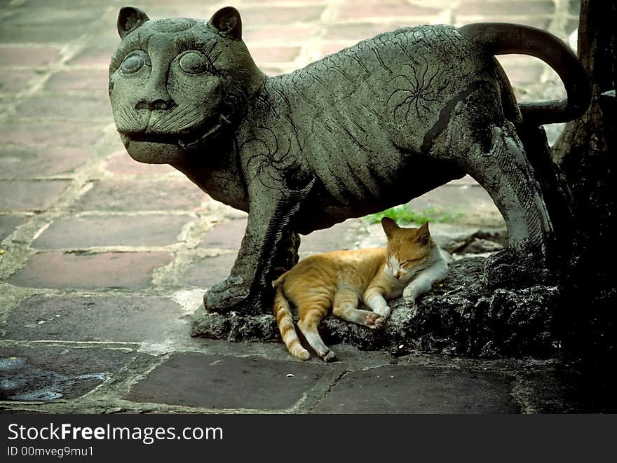 Cat asleep under old statue of cat in Thailand. Cat asleep under old statue of cat in Thailand