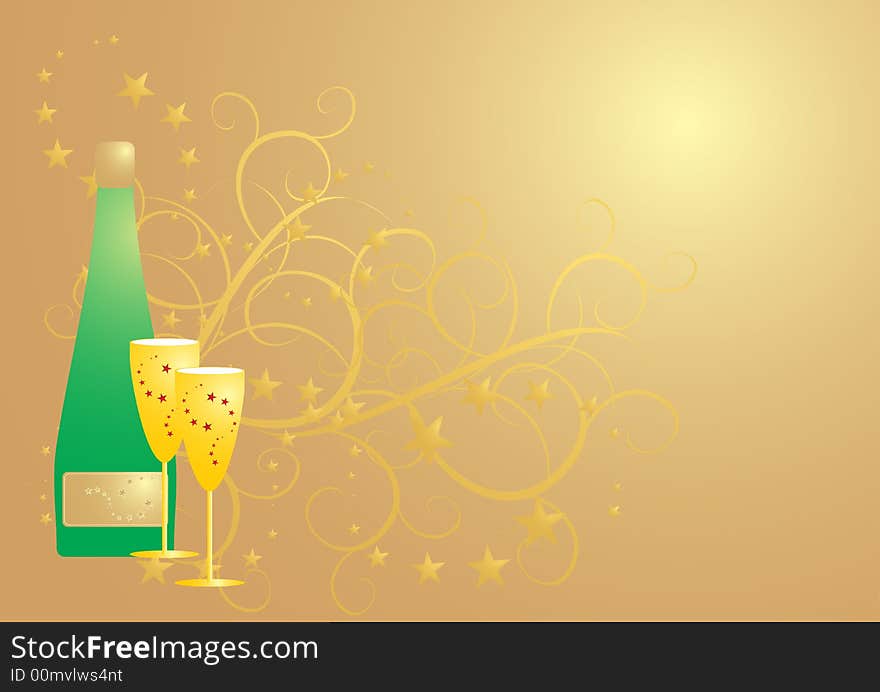 Green champagne bottle with two golden glasses