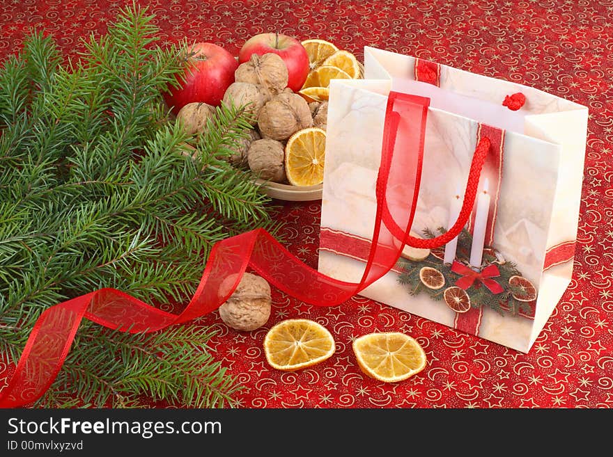 Christmas still life with present and ribbon