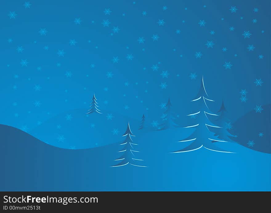 Snowy blue forest in winter night