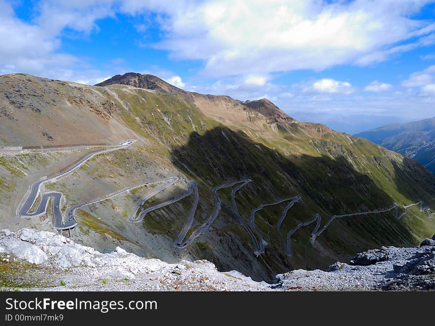 Stilfser Joch: mountain pass in tirol. italy and switzerland. Pass height about 2700 meters. More than 40 hairpin bends. Stilfser Joch: mountain pass in tirol. italy and switzerland. Pass height about 2700 meters. More than 40 hairpin bends.