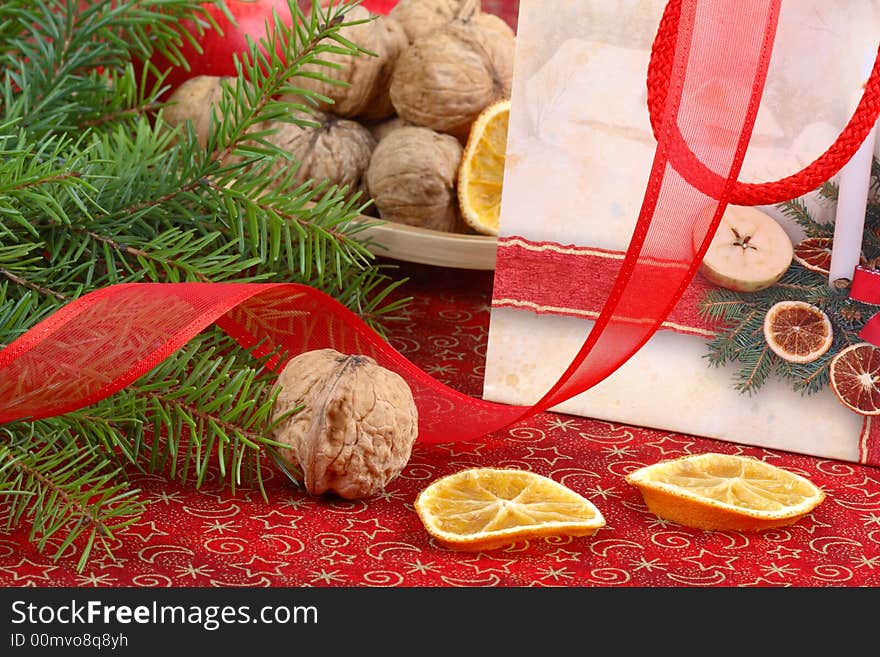 Christmas still life with present and ribbon