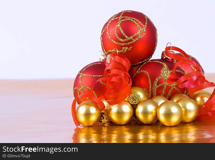 Christmas red and gold balls with ribbon. Christmas red and gold balls with ribbon