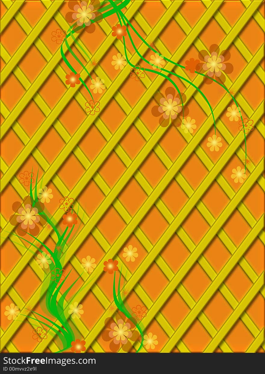 Congratulatory background with twisted plants. Flowers on a lattice.