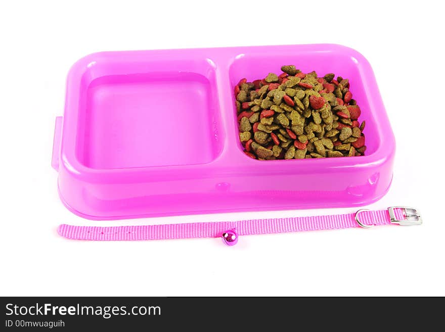 Bowl of pet food and water with collar isolated on a white background.