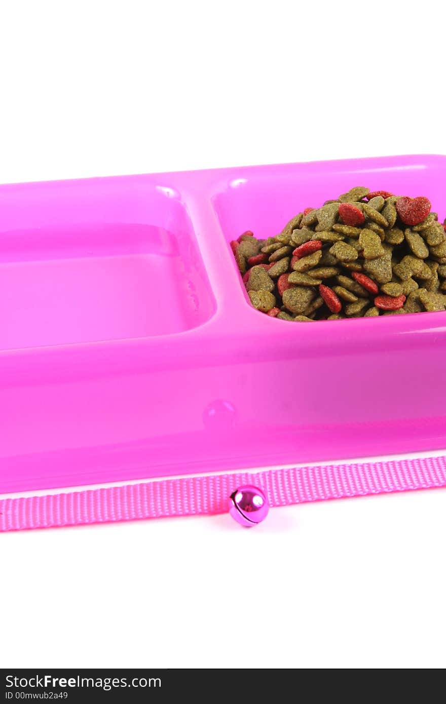 Bowl of pet food and water isolated on a white background.