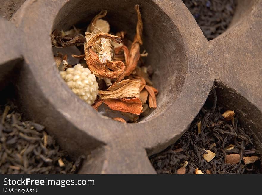 Wooden box of tea leaves - orange, jasmine, fruit and flower. Wooden box of tea leaves - orange, jasmine, fruit and flower