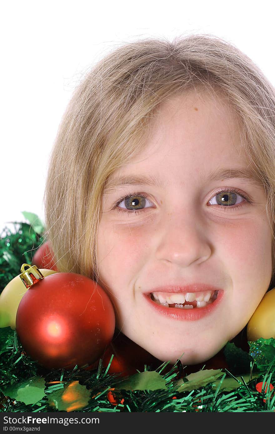 Shot of a childs head with ornaments