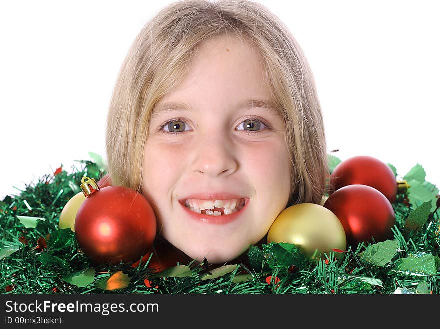 Shot of a childs head with ornaments