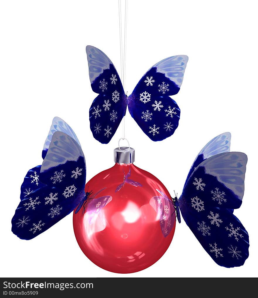 Butterflies snowflake butterfly wings swarm to decorate a shiny red Christmas ornament. 3D illustration. Butterflies snowflake butterfly wings swarm to decorate a shiny red Christmas ornament. 3D illustration.