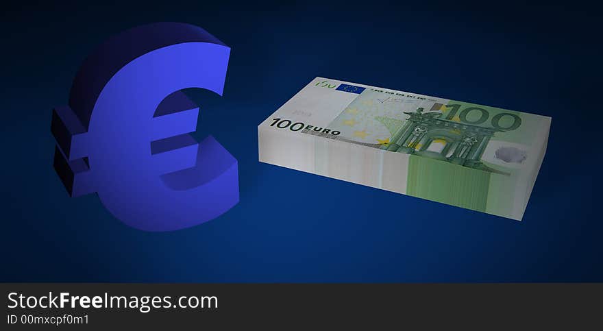 Hundred EURO stack with EURO symbol on blue floor