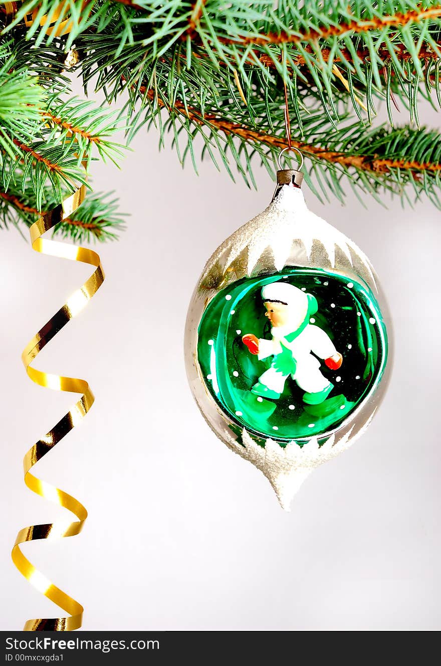 Christmas decorations opposite white background