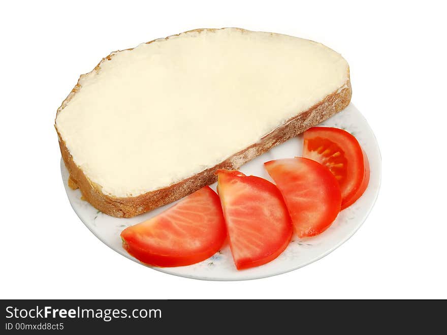 Sandwich with butter and tomatoes isolated on white background