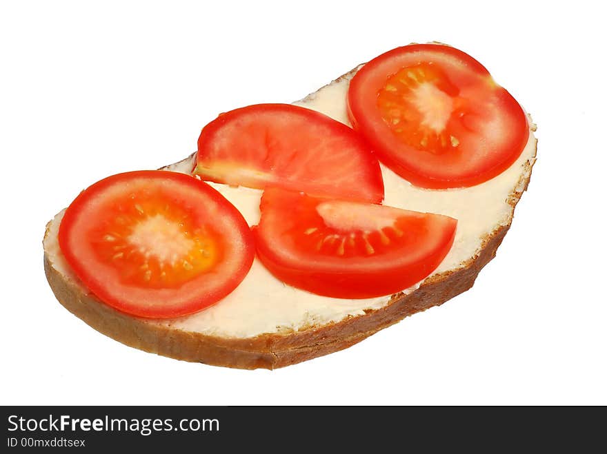 Sandwich with butter and tomatoes isolated on white background