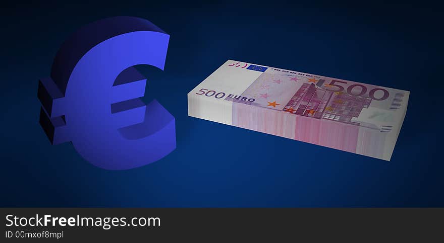 Five hundred EURO stack with EURO symbol on blue floor