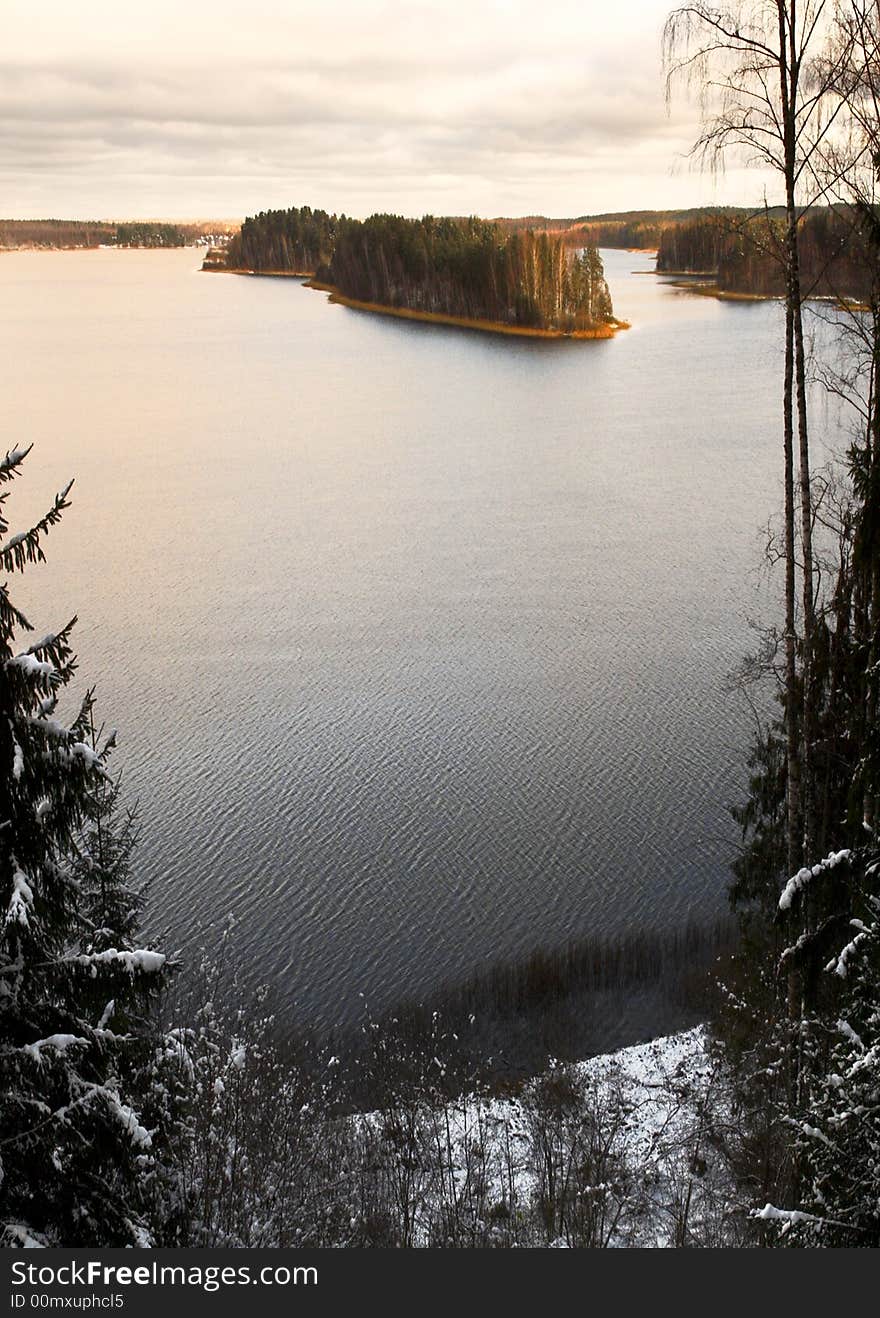 Forest lake in winter season