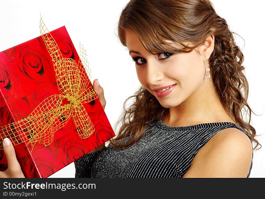 Portrait of Beautiful woman with red boxed gift