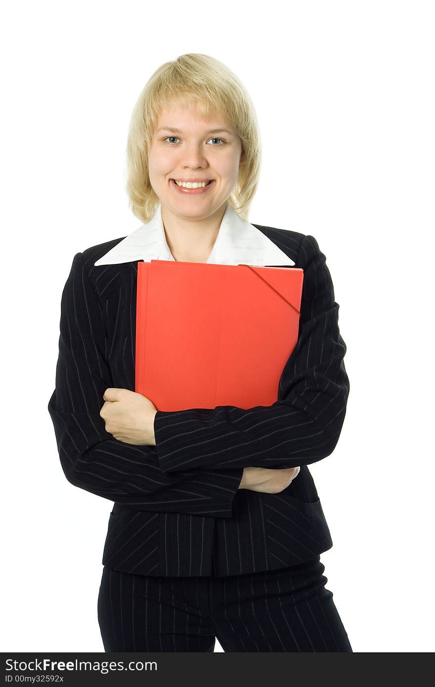 Half-length portrait business woman with red folder over white background