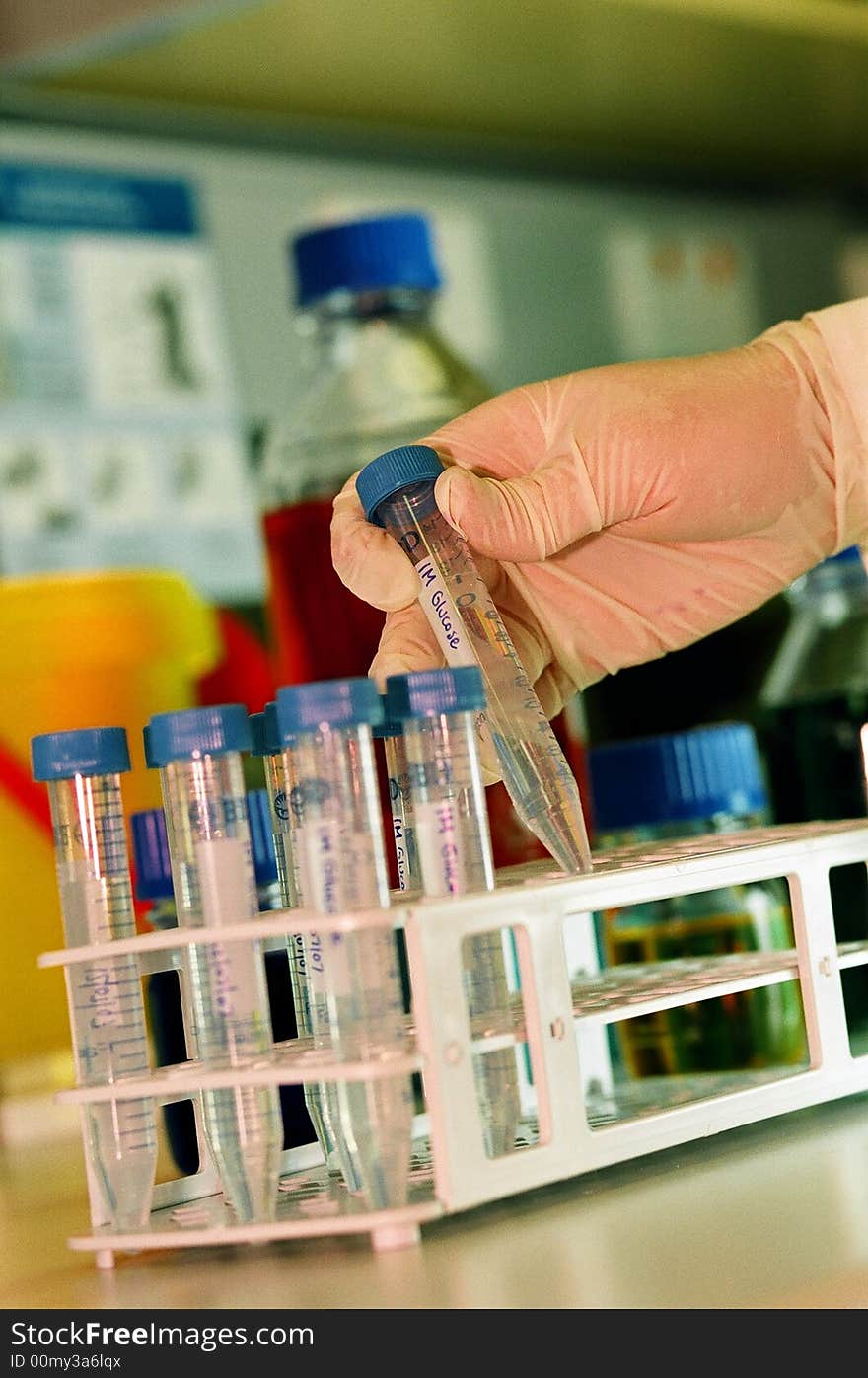 Scientist retrieving a test tube containing liquid. Scientist retrieving a test tube containing liquid