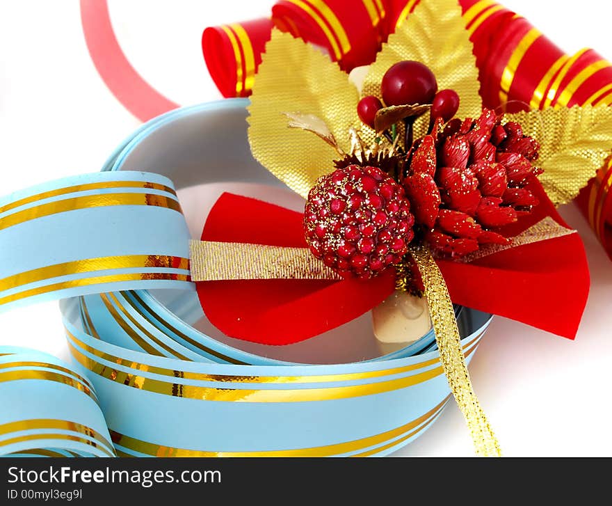 Christmas ornaments and ribbons  isolated on white background