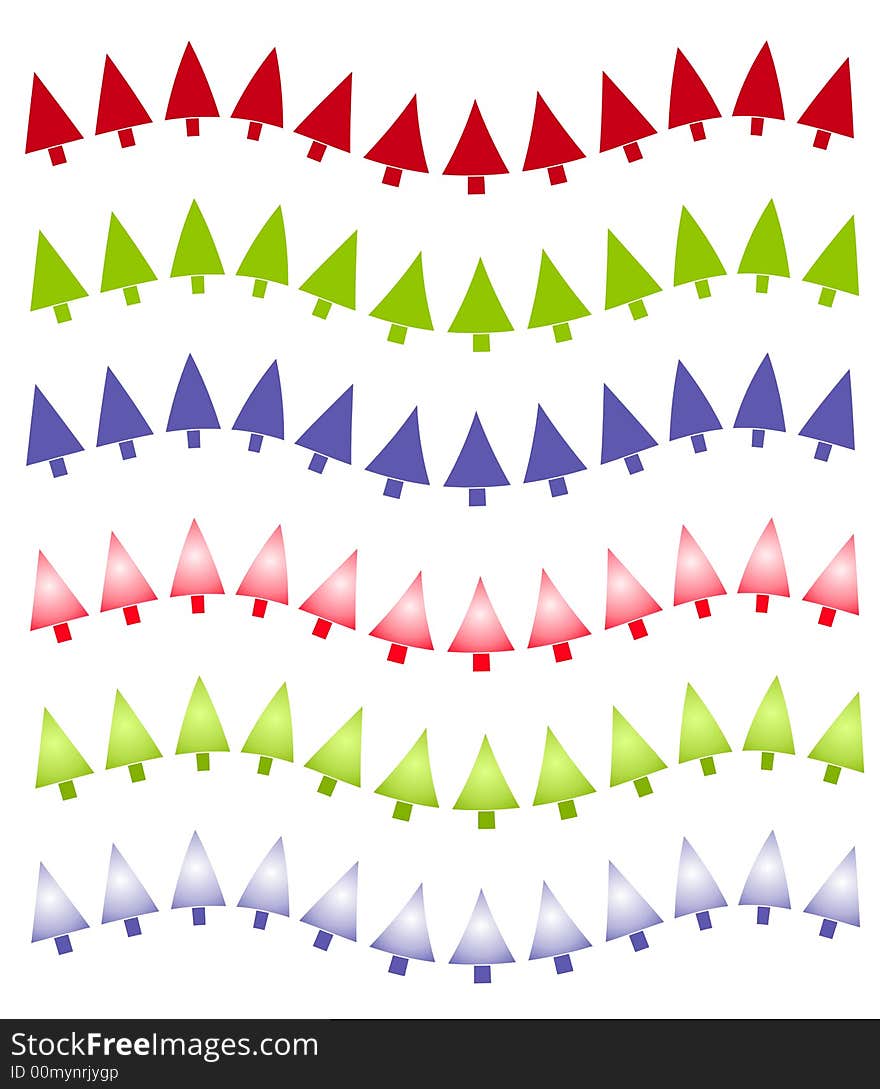 A clip art illustration of your choice of 6 different Christmas tree border in red, green and blue - either flat color or gradient. A clip art illustration of your choice of 6 different Christmas tree border in red, green and blue - either flat color or gradient