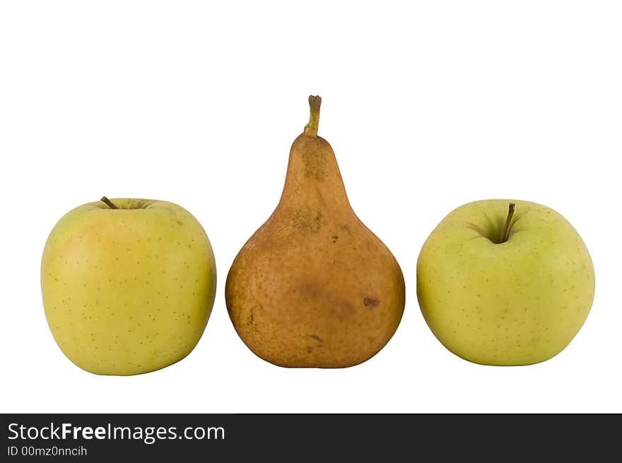 Two apples and one pear with white background. Two apples and one pear with white background.