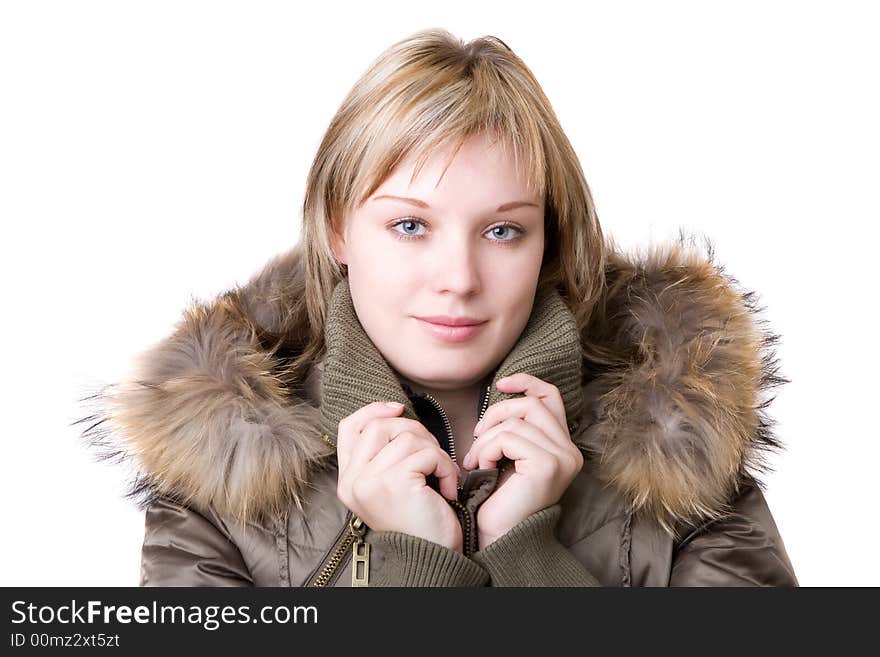 The young girl in a jacket with a fur collar