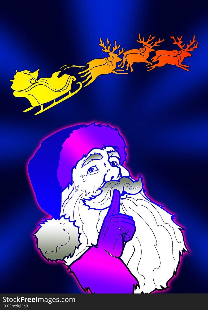 Illustration  of Santa and his reindeer in blue. Illustration  of Santa and his reindeer in blue