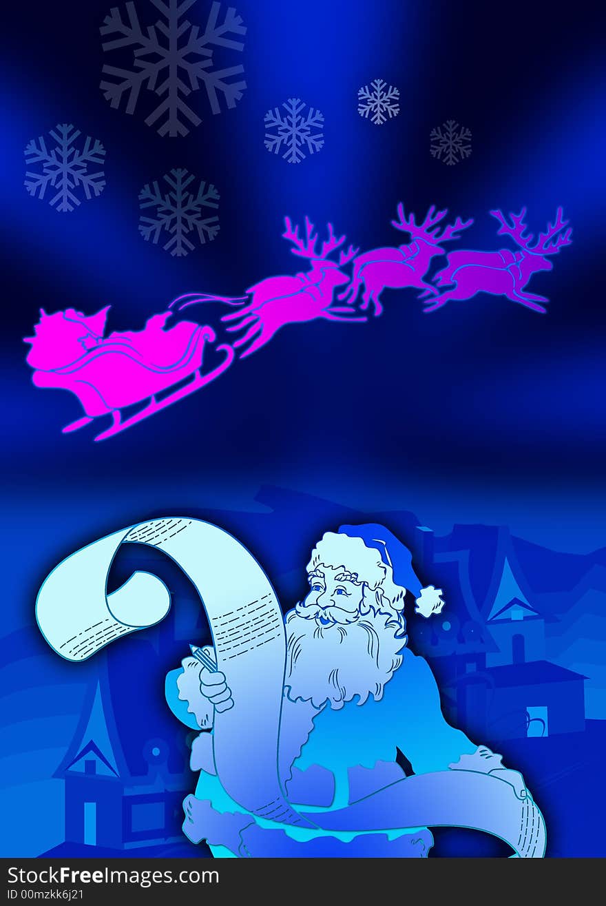 Santa and gift list in blue back ground