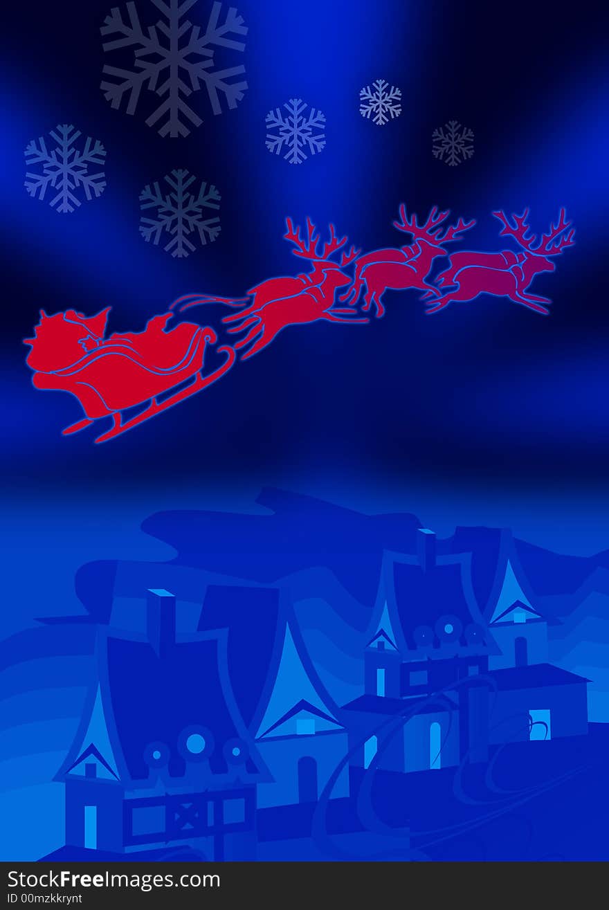 Illustration  of Santa and his reindeer on city. Illustration  of Santa and his reindeer on city