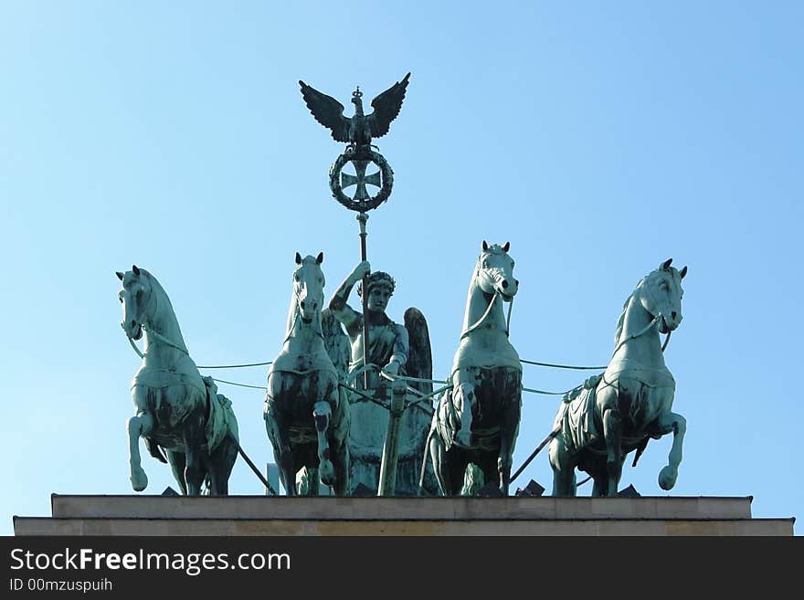 Detail of the Quadriga on top of Brandenburg Gate in Berlin, Germany. Detail of the Quadriga on top of Brandenburg Gate in Berlin, Germany.