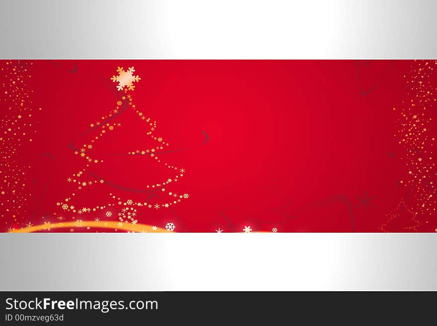 Red and silver winter and christmas illustration with snow and stars and a christmas tree. Red and silver winter and christmas illustration with snow and stars and a christmas tree