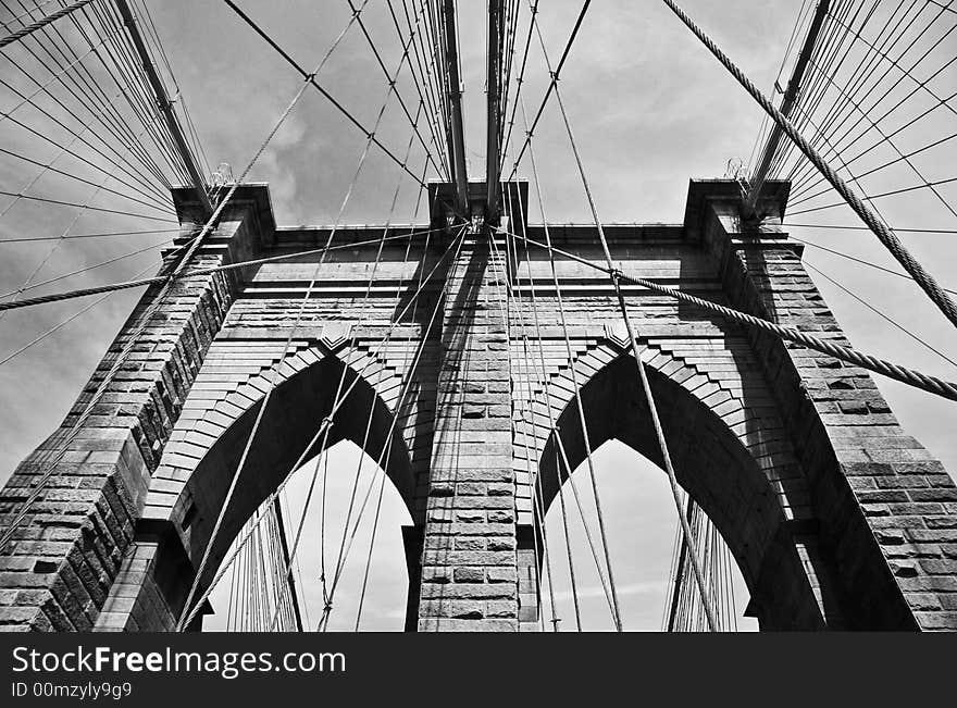 Classic view of the pillars on the Brooklyn Bridge, NYC