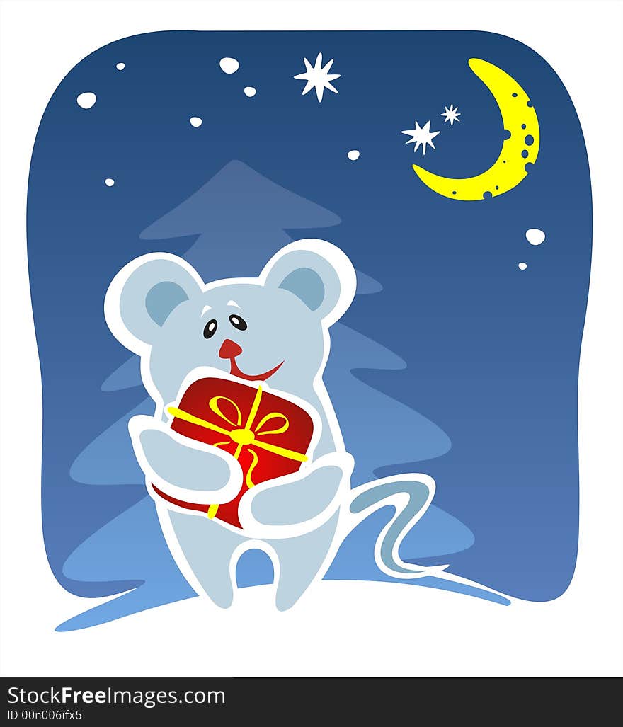 The stylized mouse with a gift in a red box. Digital illustration. The stylized mouse with a gift in a red box. Digital illustration.