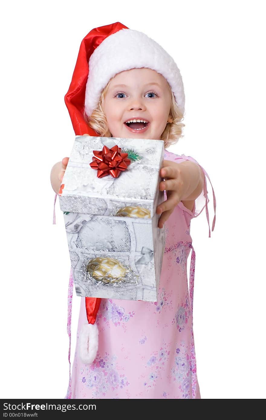 Cute fair-haired girl in Santa's hat with present  box. Cute fair-haired girl in Santa's hat with present  box