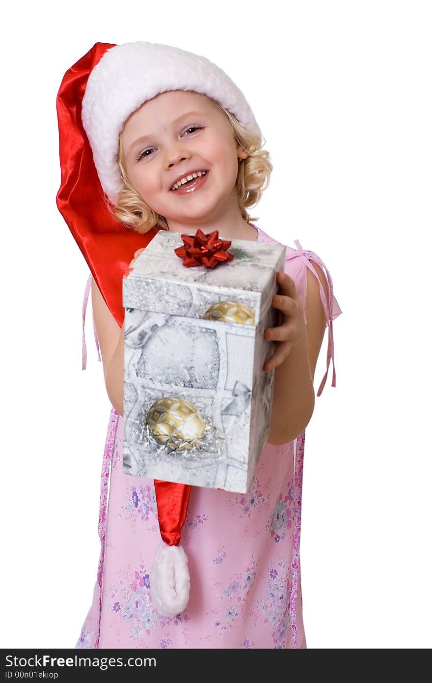 Cute fair-haired girl in Santa's hat with present  box. Cute fair-haired girl in Santa's hat with present  box