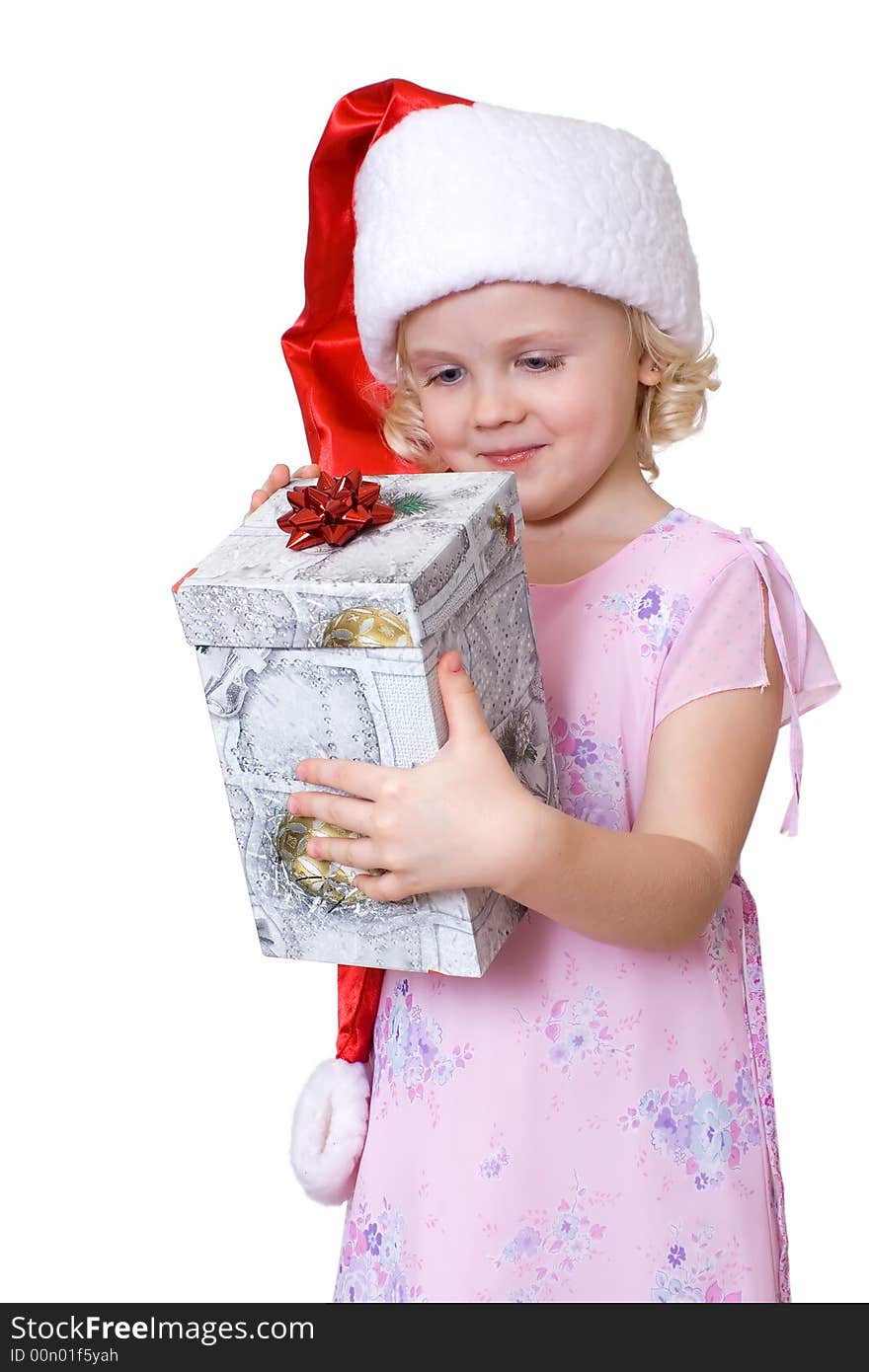 Cute fair-haired girl in Santa's hat with present  box. Cute fair-haired girl in Santa's hat with present  box