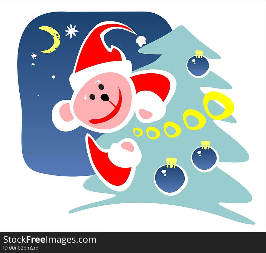 The amusing stylized mouse decorates a New Year tree. Holiday illustration. The amusing stylized mouse decorates a New Year tree. Holiday illustration.