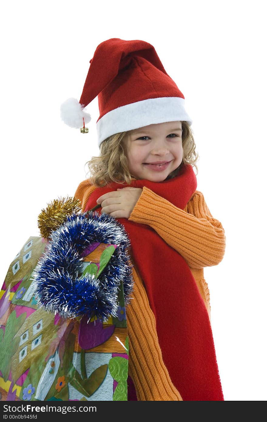 Beautiful little girl with christmas decoration on isolated background