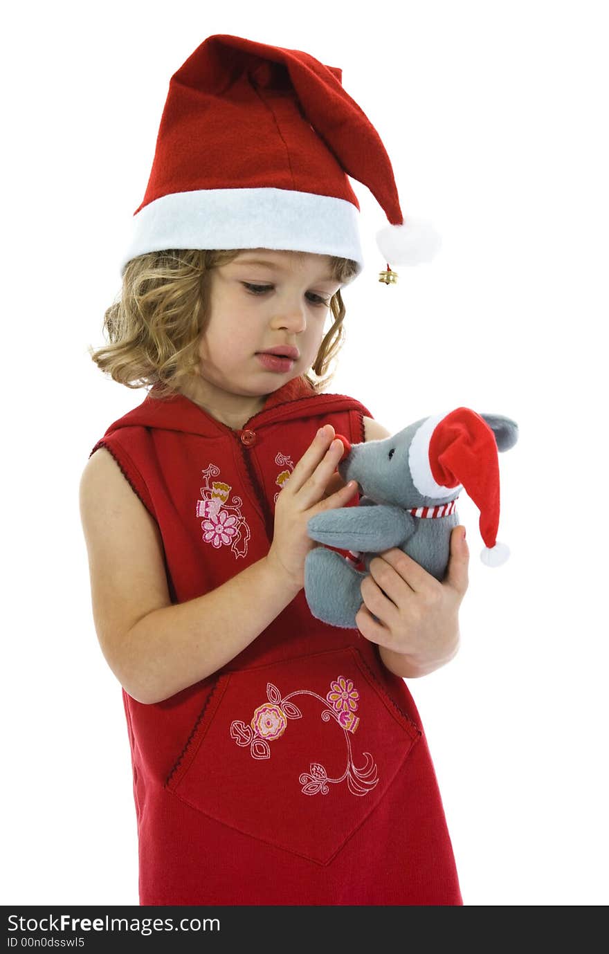 Beautiful little girl with christmas decoration on isolated background