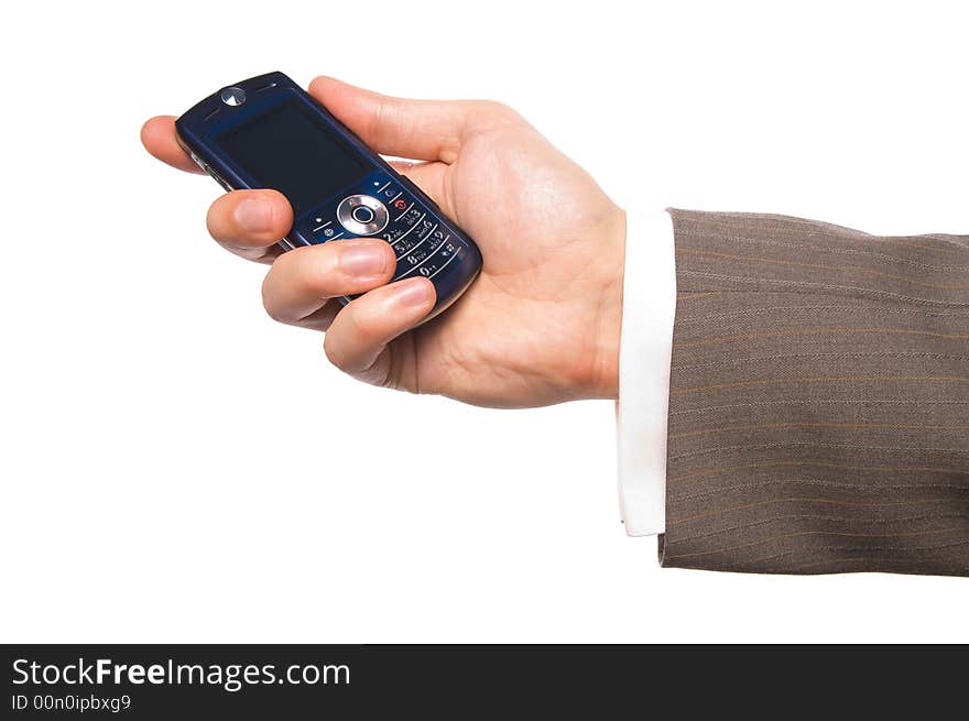 Slim mobile phone in hand isolated. Slim mobile phone in hand isolated